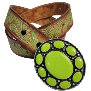 Krazy Cow Belt Buckle with Hand Tooled Leather Belt - NWOT
